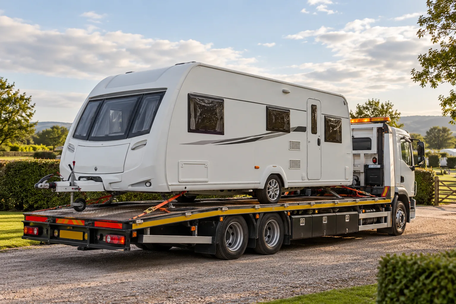 Touring caravan carried on a suitably sized low-loader recovery vehicle beside a campsite