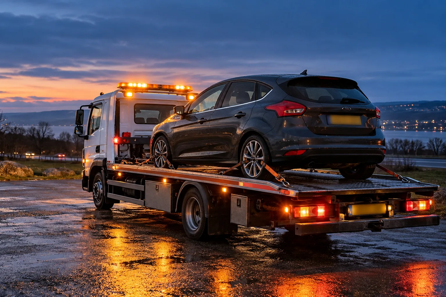 Hatchback secured on a recovery truck in a safe off-road lay-by at dusk