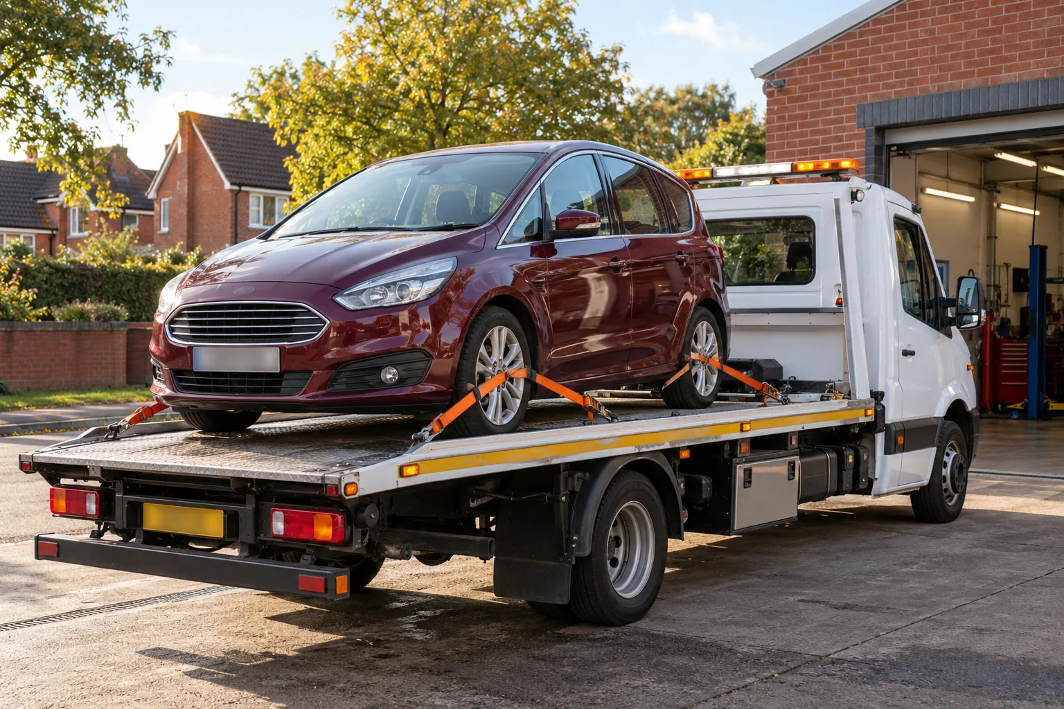 Burgundy car secured on a flatbed for local collection near a British residential street