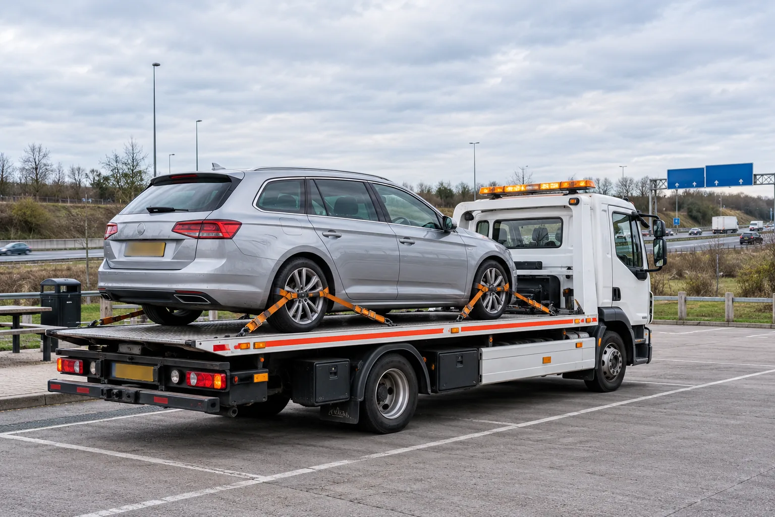 Estate car on a recovery transporter in a service-area bay separated from motorway traffic