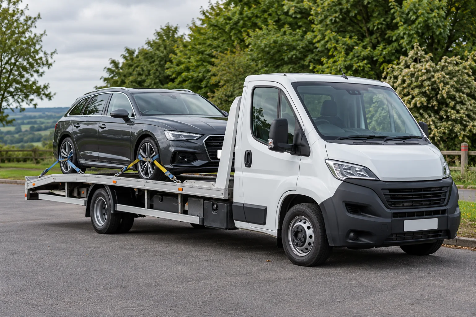 Car secured on a flatbed recovery truck in a quiet lay-by