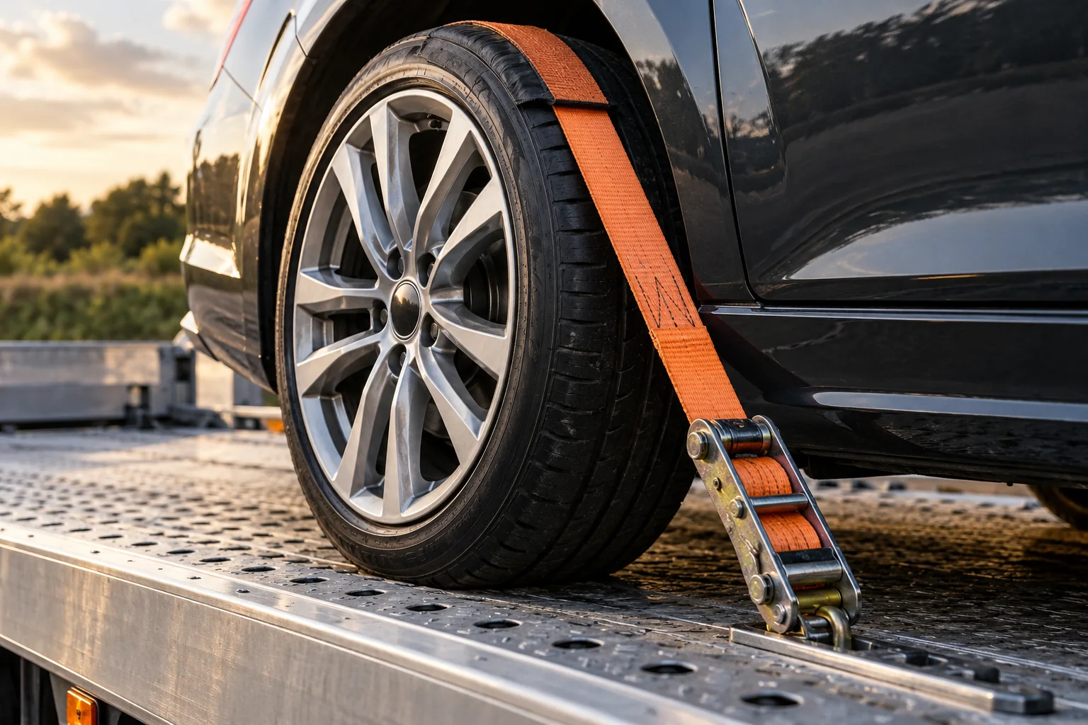Over-wheel recovery strap securing a car tyre to a transporter bed