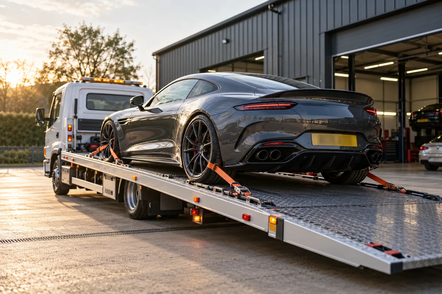 Low sports coupe on a shallow-angle recovery bed at a workshop courtyard