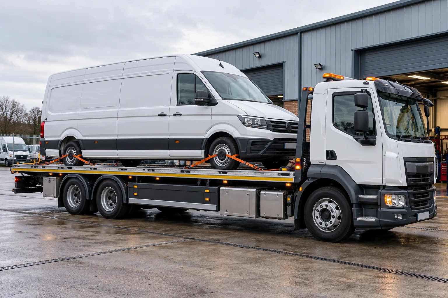 Long-wheelbase white work van secured on a large rigid recovery truck at a workshop forecourt
