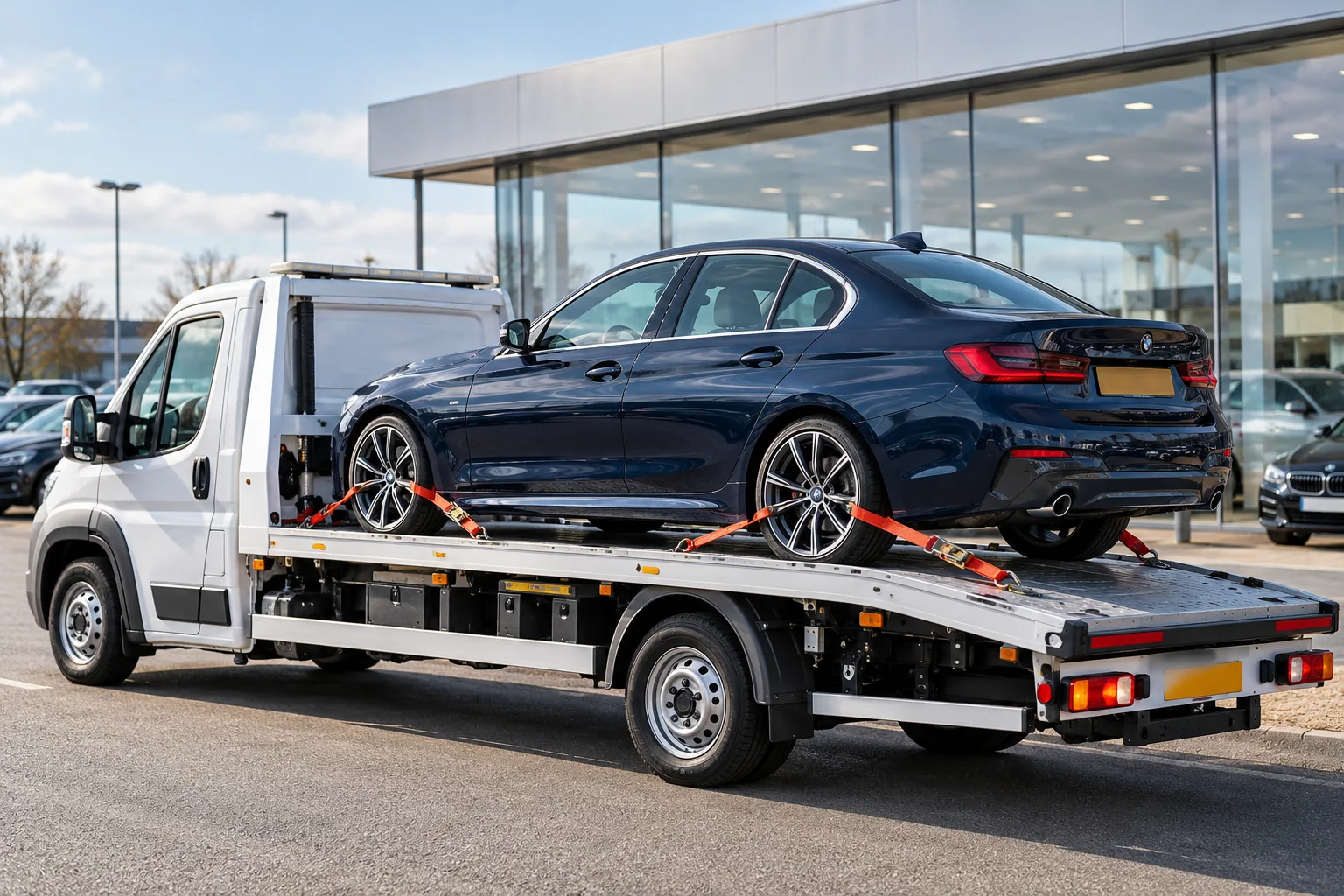 Blue saloon secured on a vehicle transporter at a car dealership collection forecourt